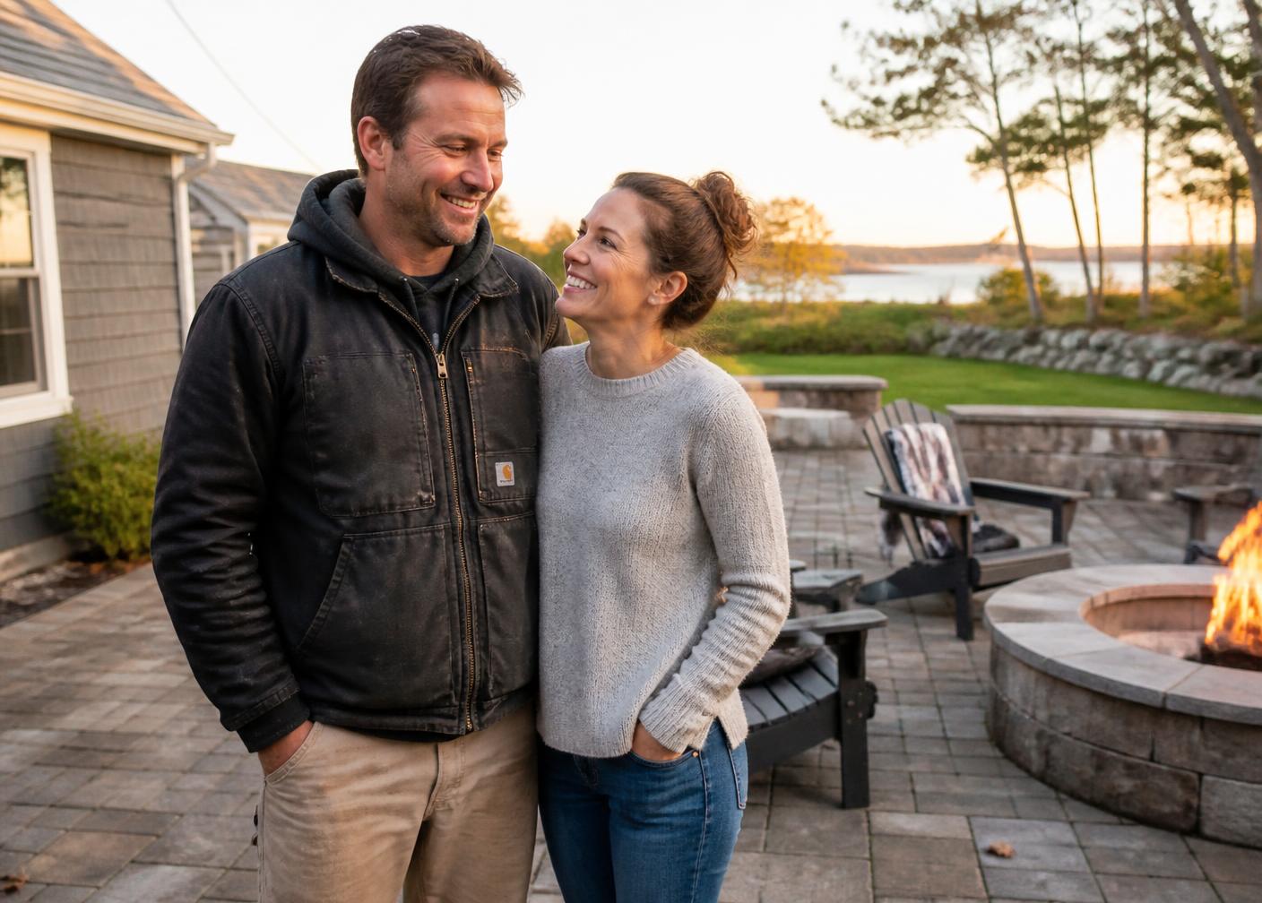 Edward and Brittany standing together on a completed New England paver patio
